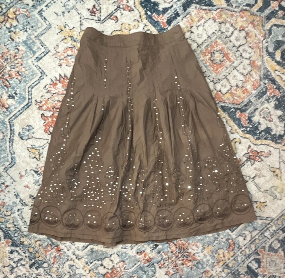 Y2K Zoompy Brown Solid Embroidered Sequin Lined Midi A-Line Skirt Womens Size S
